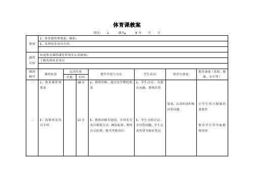 二年级上册全册体育教案表格式