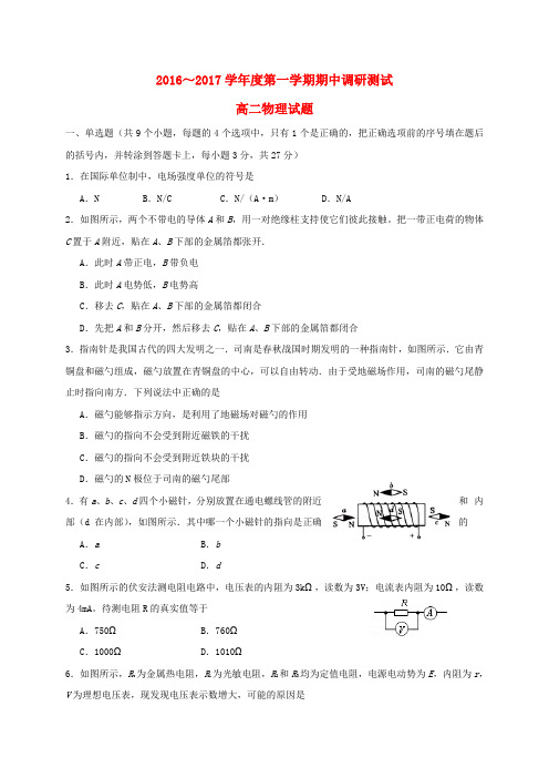 江苏省沭阳县2016-2017学年高二物理上学期期中试题