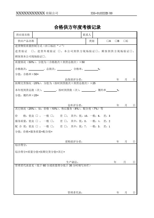 合格供方年度考核记录