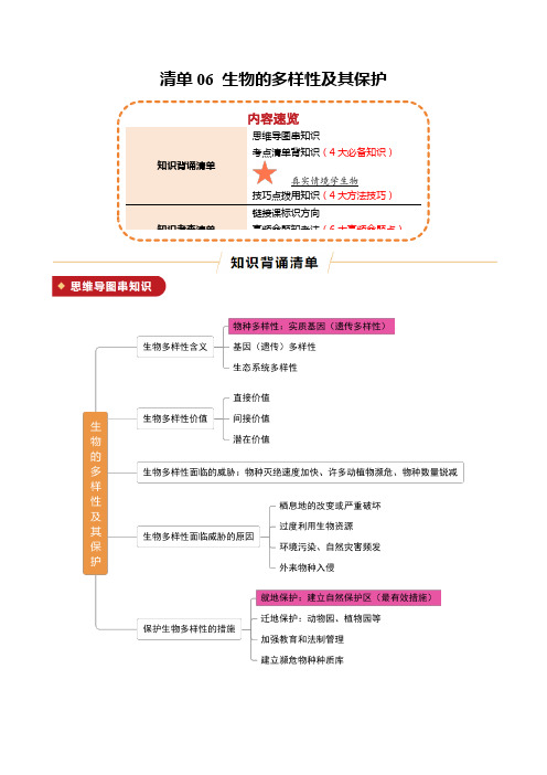 2025年中考生物一轮复习知识清单06 生物的多样性及其保护