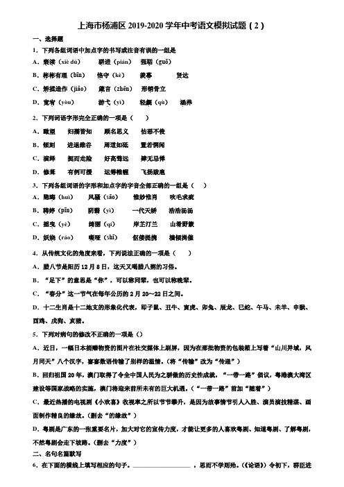 上海市杨浦区2019-2020学年中考语文模拟试题(2)含解析