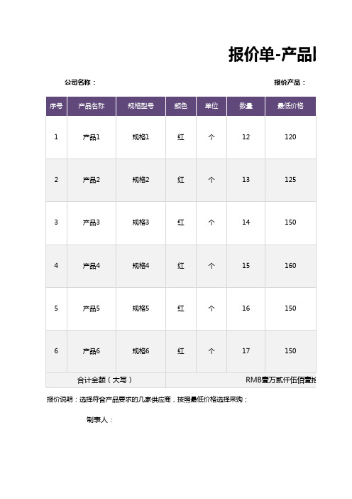 报价单产品比价明细表