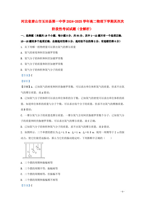 河北省唐山市玉田县第一中学2024_2025学年高二物理下学期第二次阶段性考试试题含解析