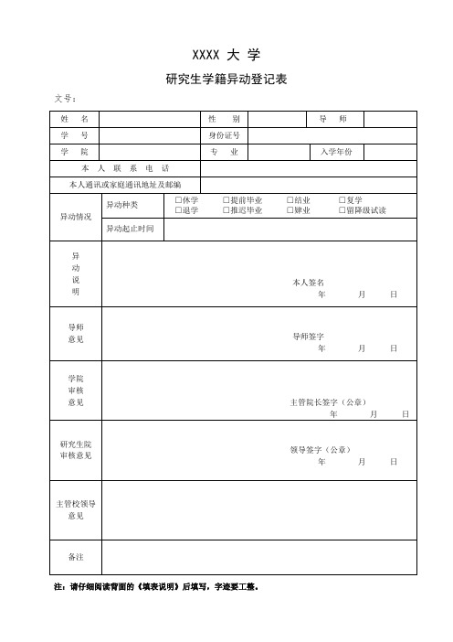 XX大学研究生学籍异动登记表