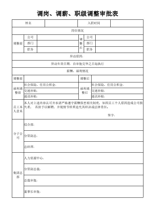 调岗、调薪、职级调整审批表模板