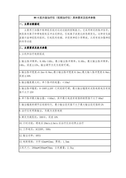 MK-A肌兴奋治疗仪低频治疗仪具体要求及技术参数