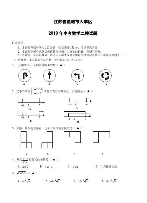 江苏省盐城市大丰区2018年中考数学二模试题(附答案)