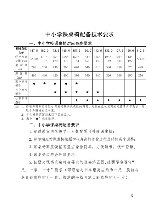 中小学课桌椅配备技术要求  