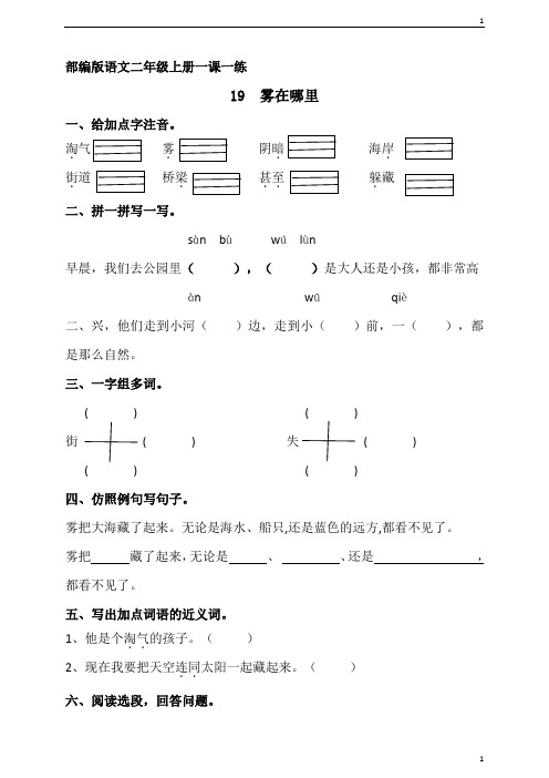 人教部编版小学语文二年级上册语文一课一练：19、雾在哪里