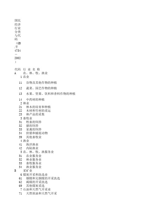 工商行政营业执照登记行业代码