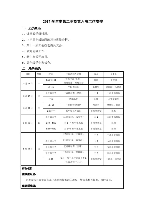 2017学年度第二学期第六周工作安排