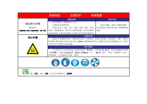 镉及其化合物职业病危害警示标识告知卡