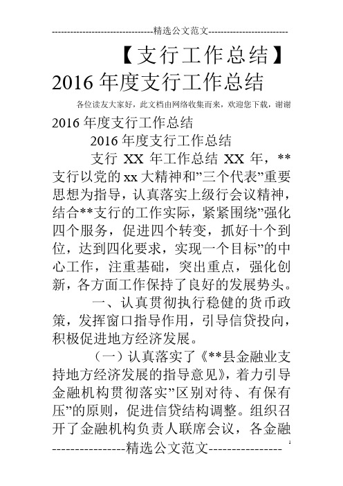 【支行工作总结】2016年度支行工作总结