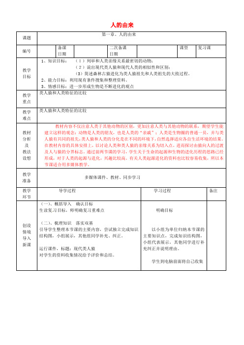 人教初中生物七下《第4单元 第1章 人的由来》word教案 (1)