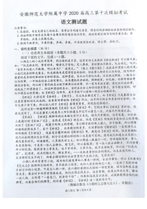 安徽省安师大附中2020届高三6月第十次模拟考试(最后一卷)语文试题+PDF版含答案