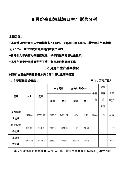 6月份舟山港域港口生产形势分析