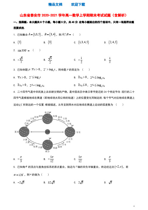 山东省泰安市2020_2021学年高一数学上学期期末考试试题含解析