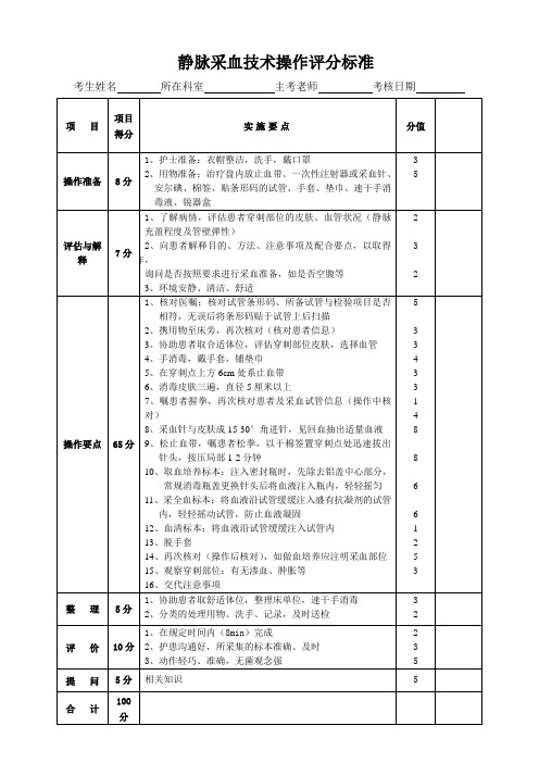 静脉采血技术操作评分标准