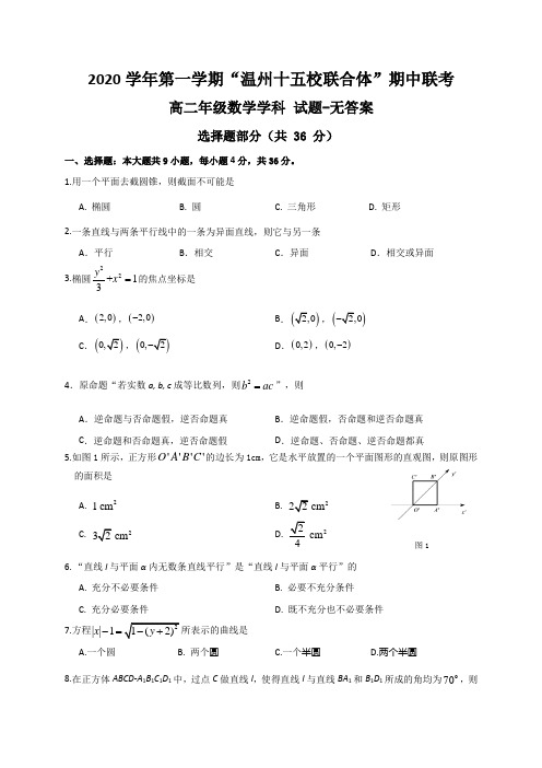 浙江省温州十五校联合体2020-2021学年高二上学期期中联考数学试题及答案