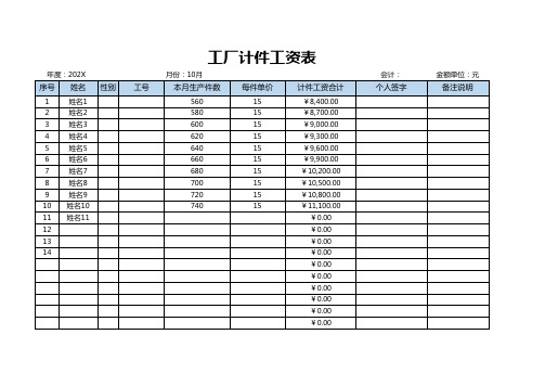 工厂计件工资表