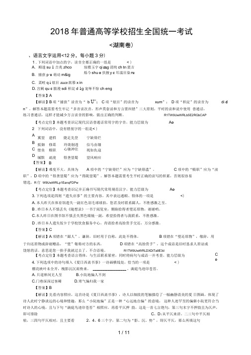 高考语文试题附答案湖南卷祥解