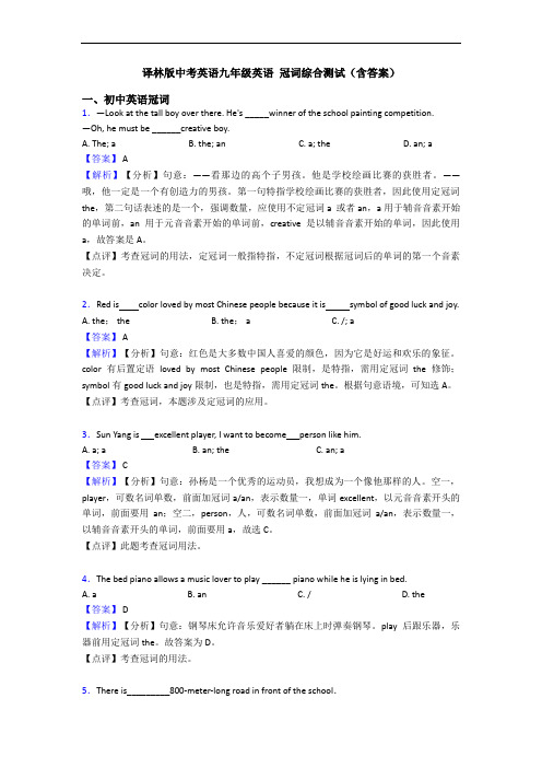 译林版中考英语九年级英语 冠词综合测试(含答案)