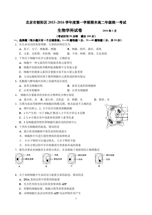 2016年北京市朝阳区高二期末生物试题及答案