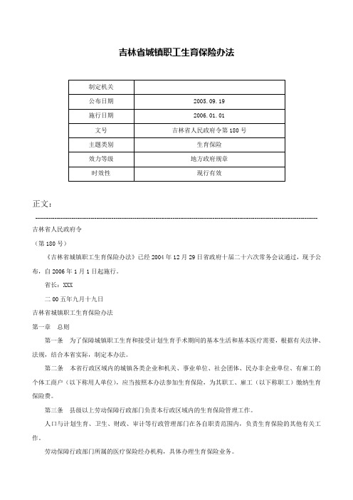 吉林省城镇职工生育保险办法-吉林省人民政府令第180号