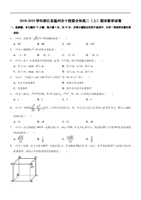 浙江省“温州十校联合体”2018-2019学年高二上学期期末考试数学试题(精品版)