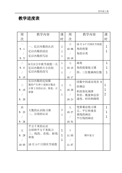 四年级数学上册教学进度表