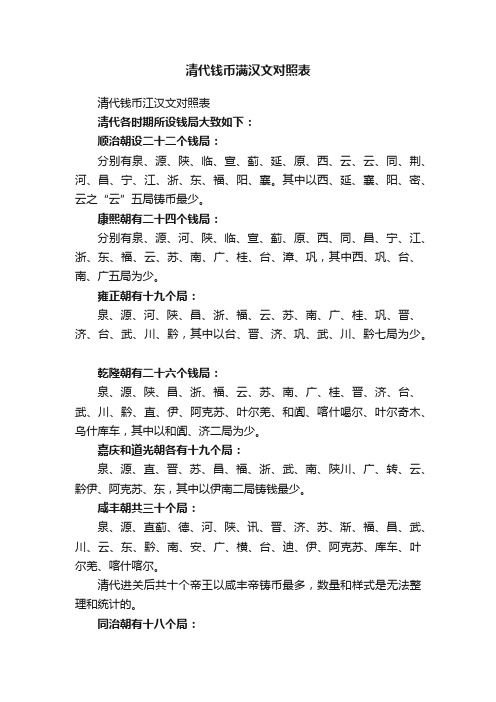 清代钱币满汉文对照表