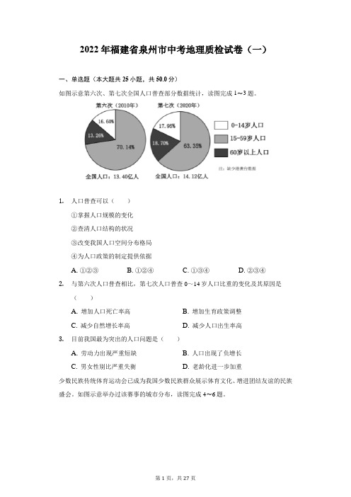 2022年福建省泉州市中考地理质检试卷(一)(附答案详解)