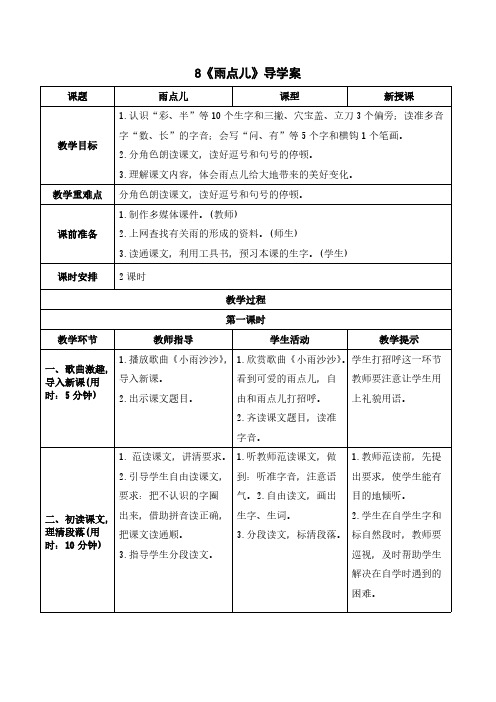 人教版一年级语文-《雨点儿》导学案