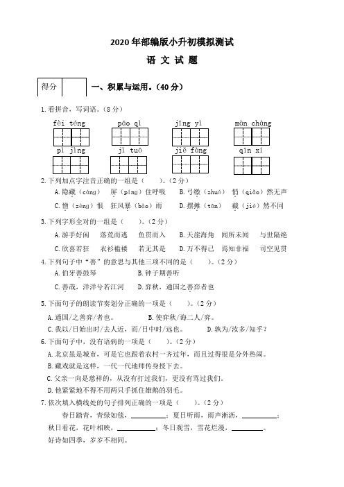 2020部编版语文小升初测试卷(含答案)