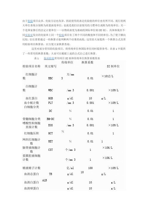 常用的化验项目换算