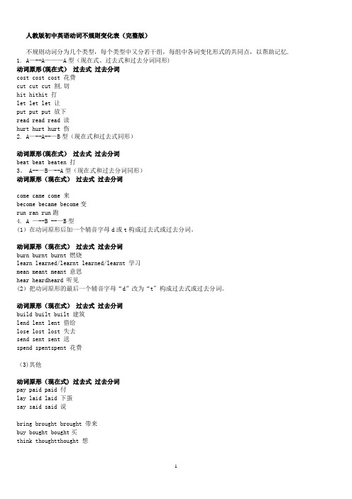 人教版初中英语动词不规则变化表(完整版)