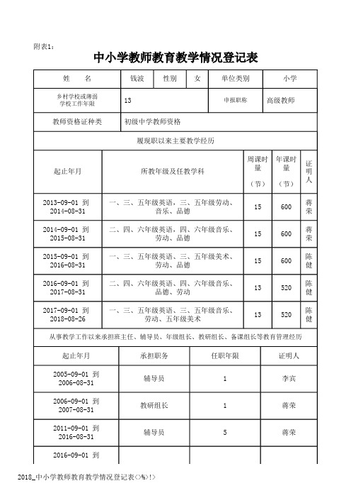 中小学教师教育教学情况登记表 钱波