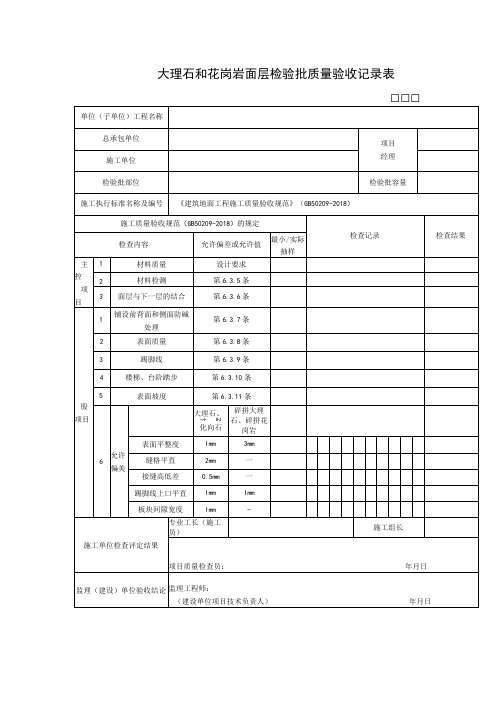 大理石和花岗岩面层检验批质量验收记录表