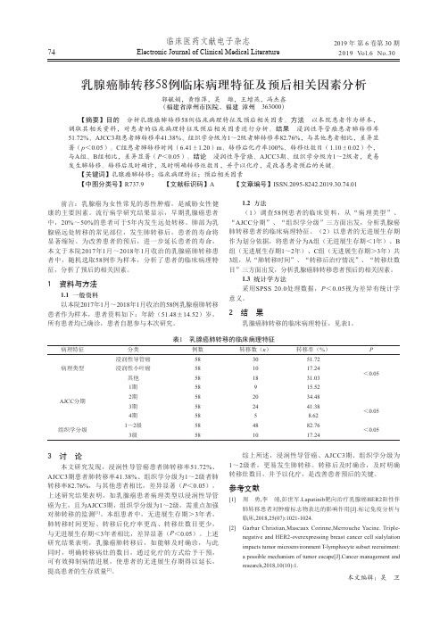 乳腺癌肺转移58例临床病理特征及预后相关因素分析