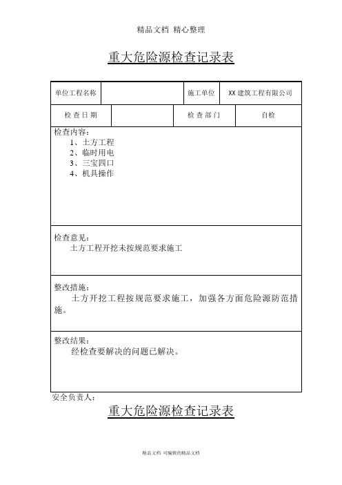 某建筑工程有限公司重大危险源检查记录表