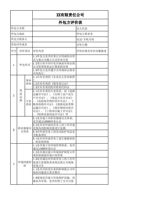 XX公司外包方评价表