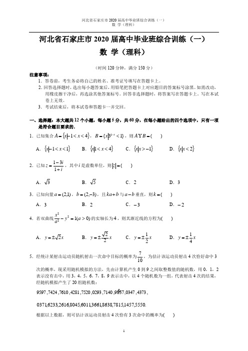 河北省石家庄市2020届高中毕业班综合训练(一)(理数)