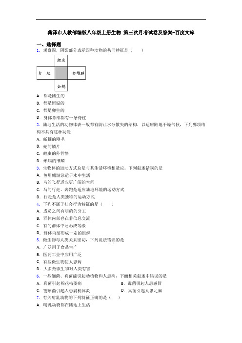 菏泽市人教部编版八年级上册生物 第三次月考试卷及答案-百度文库