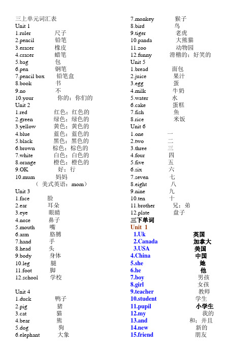 人教版三年级上至四年级下册单词