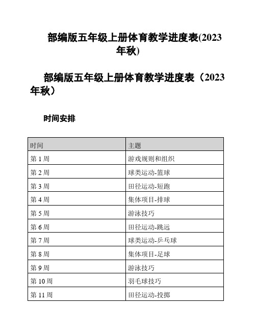 部编版五年级上册体育教学进度表(2023年秋)