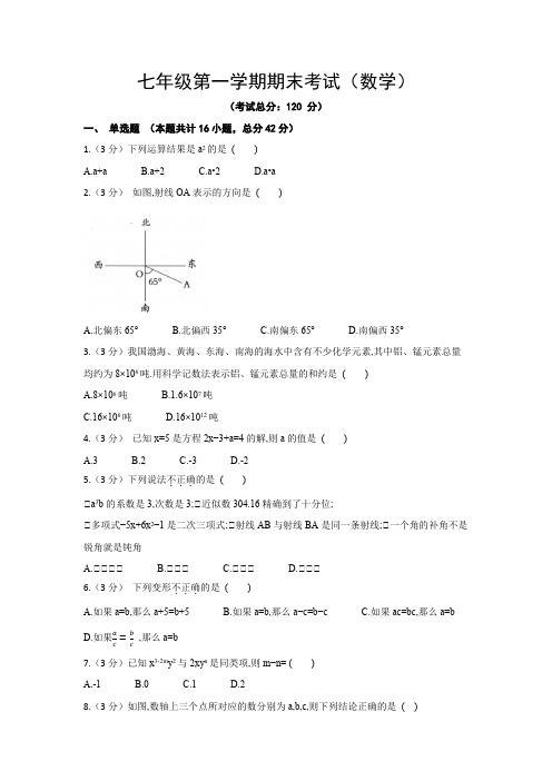 七年级第一学期期末考试(数学)试题含答案