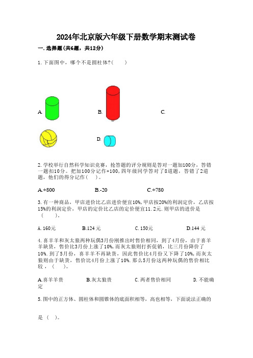 2024年北京版六年级下册数学期末测试卷及答案【历年真题】