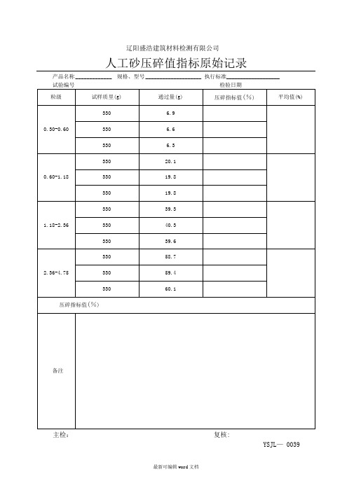 人工砂压碎值指标原始记录测试