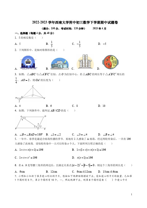 2022-2023学年西南大学附中初三数学下学期期中试题卷附答案解析