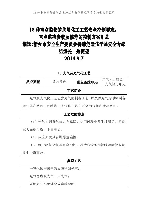 18种重点危险化学品生产工艺典型反应及安全控制条件汇总